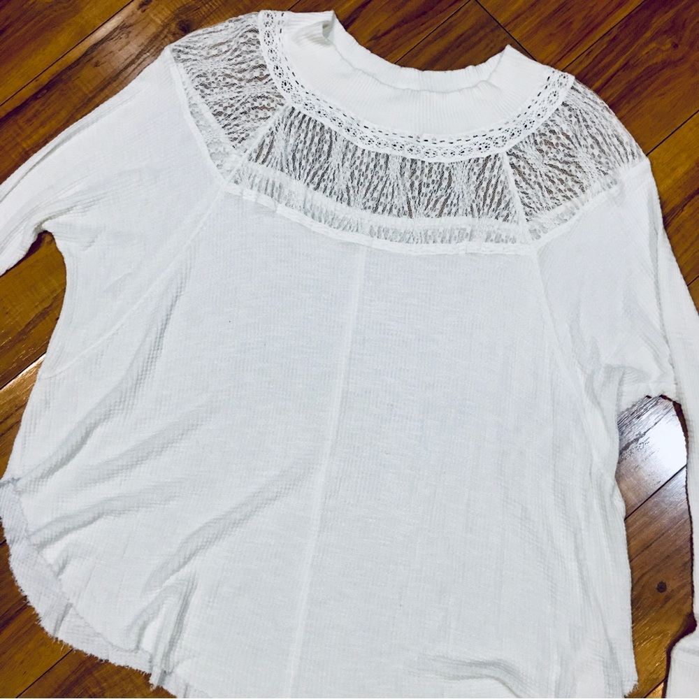Free People waffle knit lace cotton boho athleisure lounge wear shirt to…